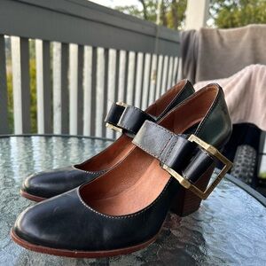 Frye Black Leather Heels with Gold Buckle